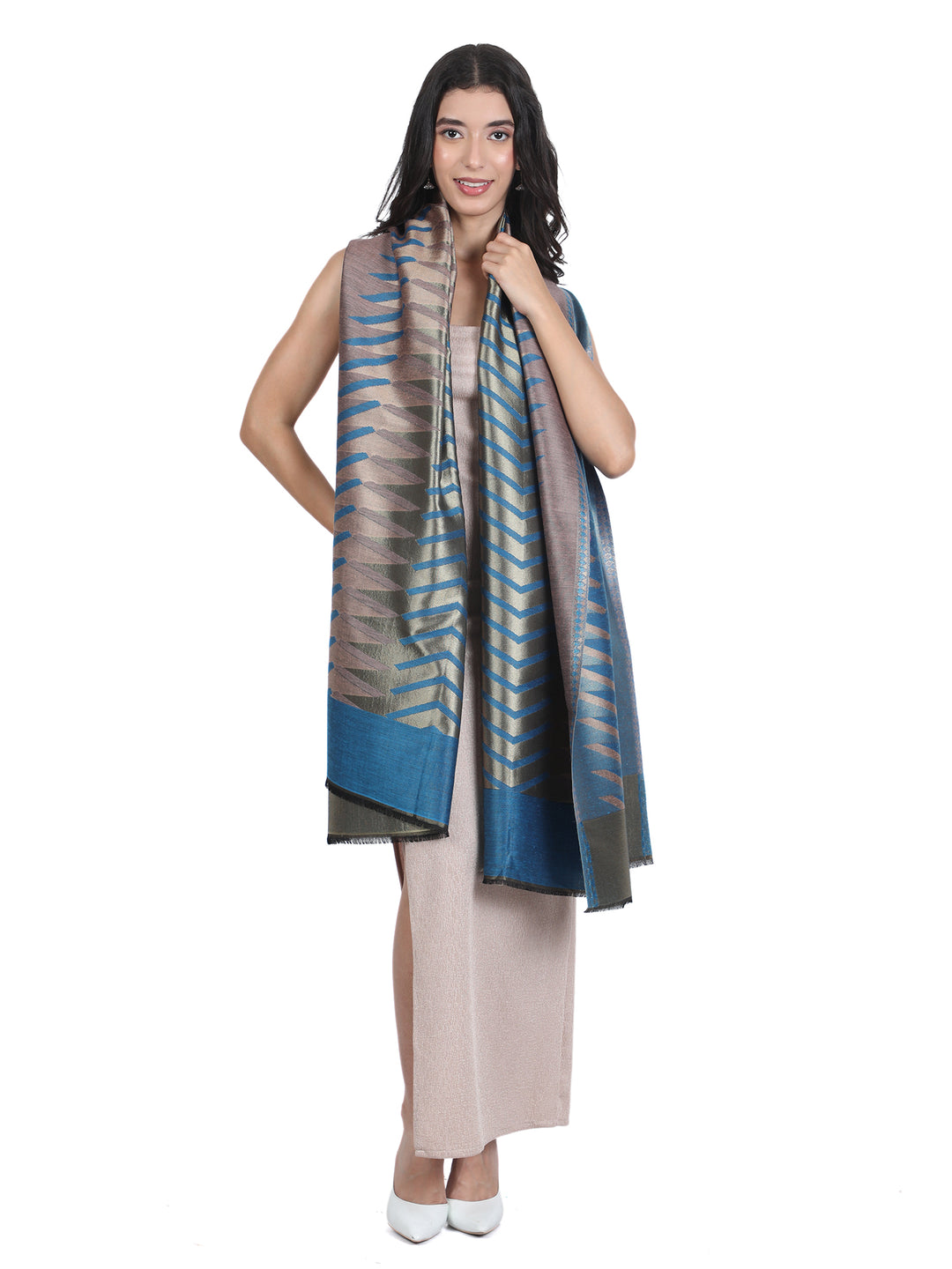 Blue Ikat Zari Mix Wool Stole - 443
