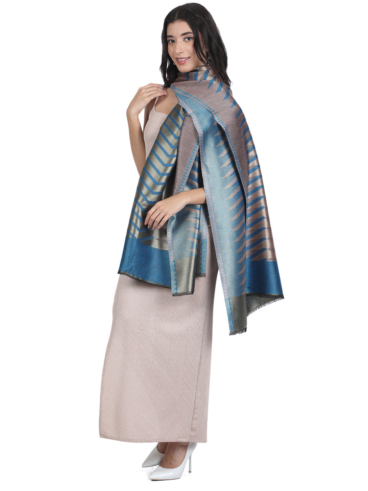 Blue Ikat Zari Mix Wool Stole - 443