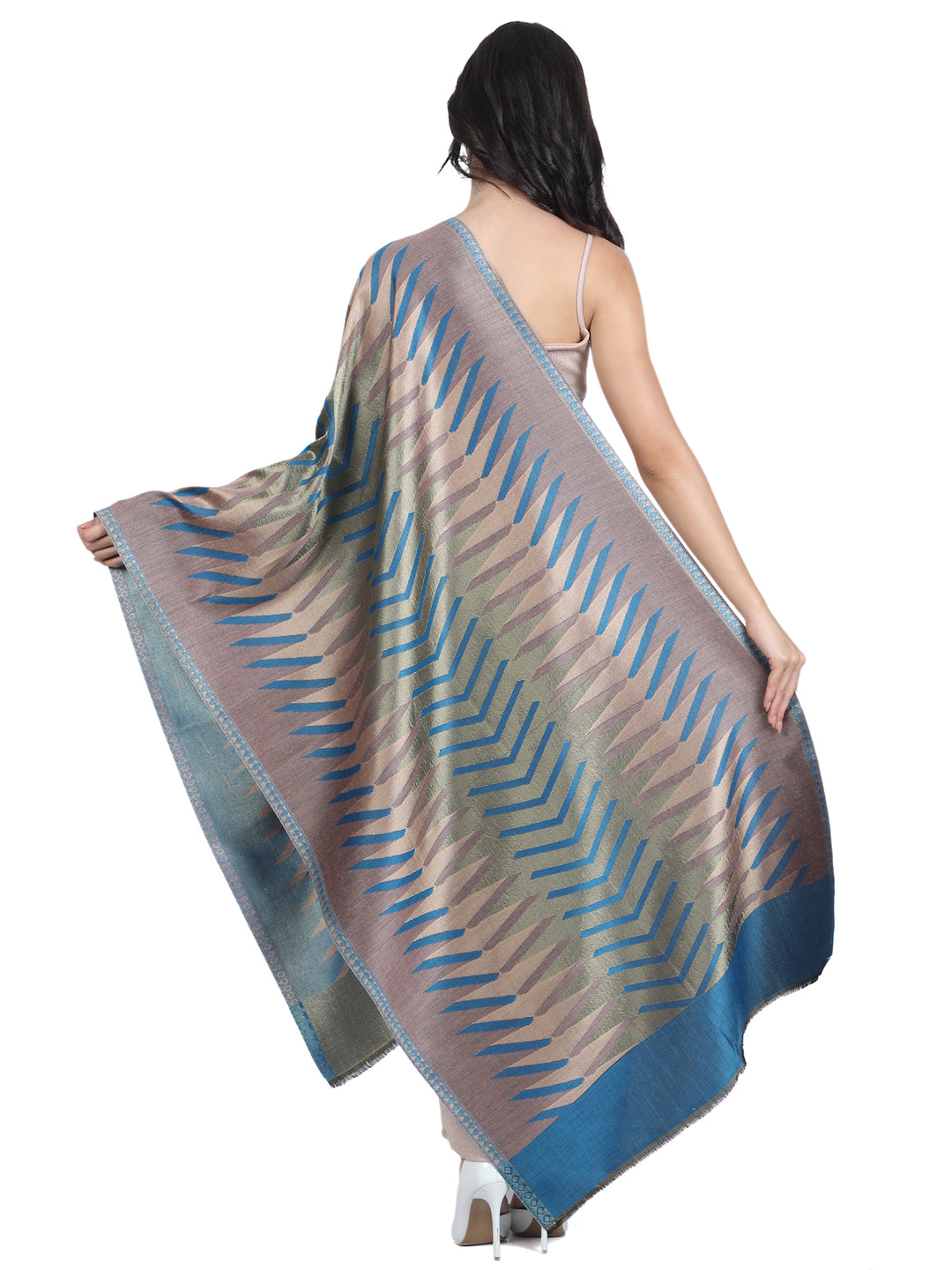 Blue Ikat Zari Mix Wool Stole - 443
