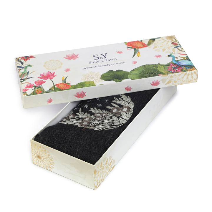 Black Floral Moon Embroidered 100% Fine Wool Stole - 444