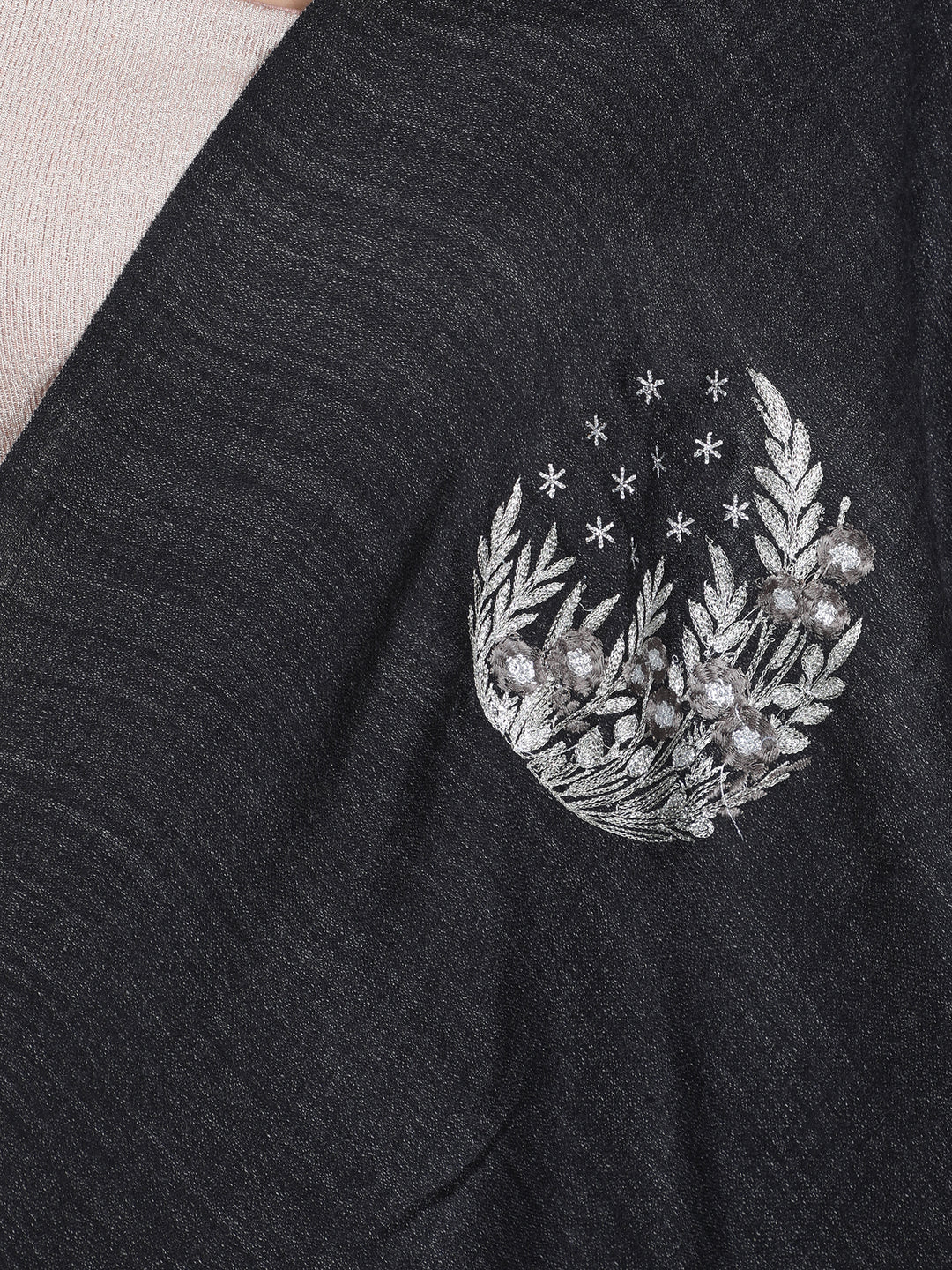 Black Floral Moon Embroidered 100% Fine Wool Stole - 444