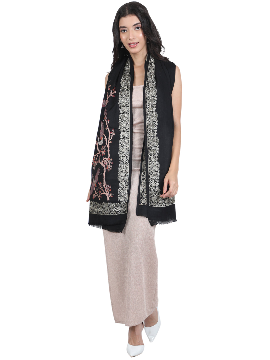 Black Bird & Branch Embroidered 100% Fine Wool Stole - 445