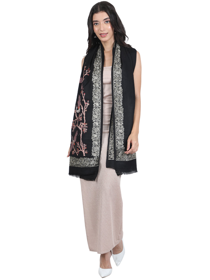 Black Bird & Branch Embroidered 100% Fine Wool Stole - 445