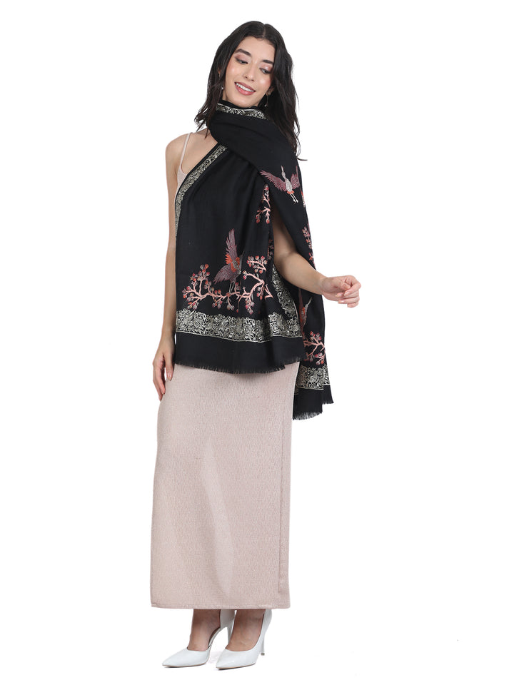 Black Bird & Branch Embroidered 100% Fine Wool Stole - 445
