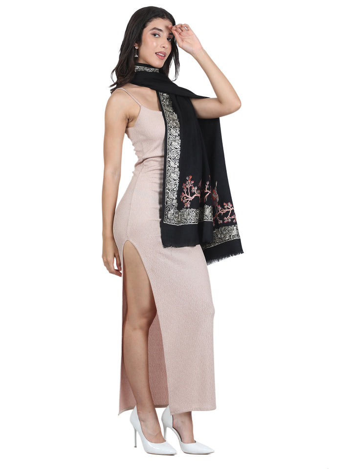 Black Bird & Branch Embroidered 100% Fine Wool Stole - 445
