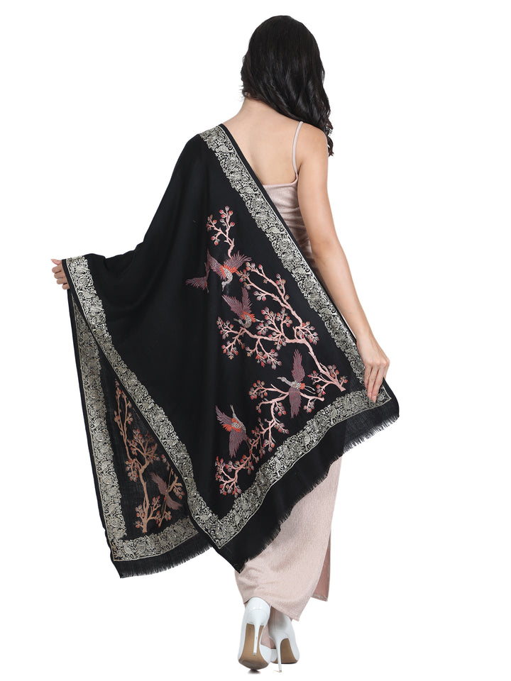 Black Bird & Branch Embroidered 100% Fine Wool Stole - 445