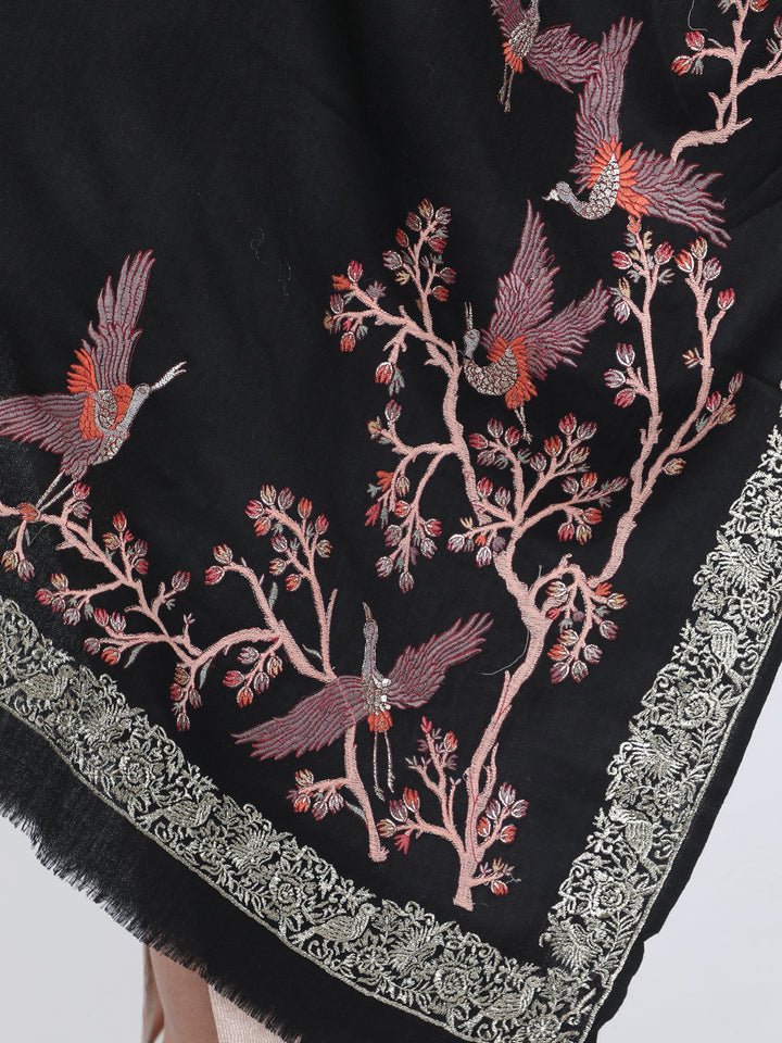 Black Bird & Branch Embroidered 100% Fine Wool Stole - 445