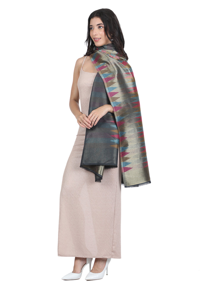 Charcoal Ikat Zari Mix Wool Stole - 446