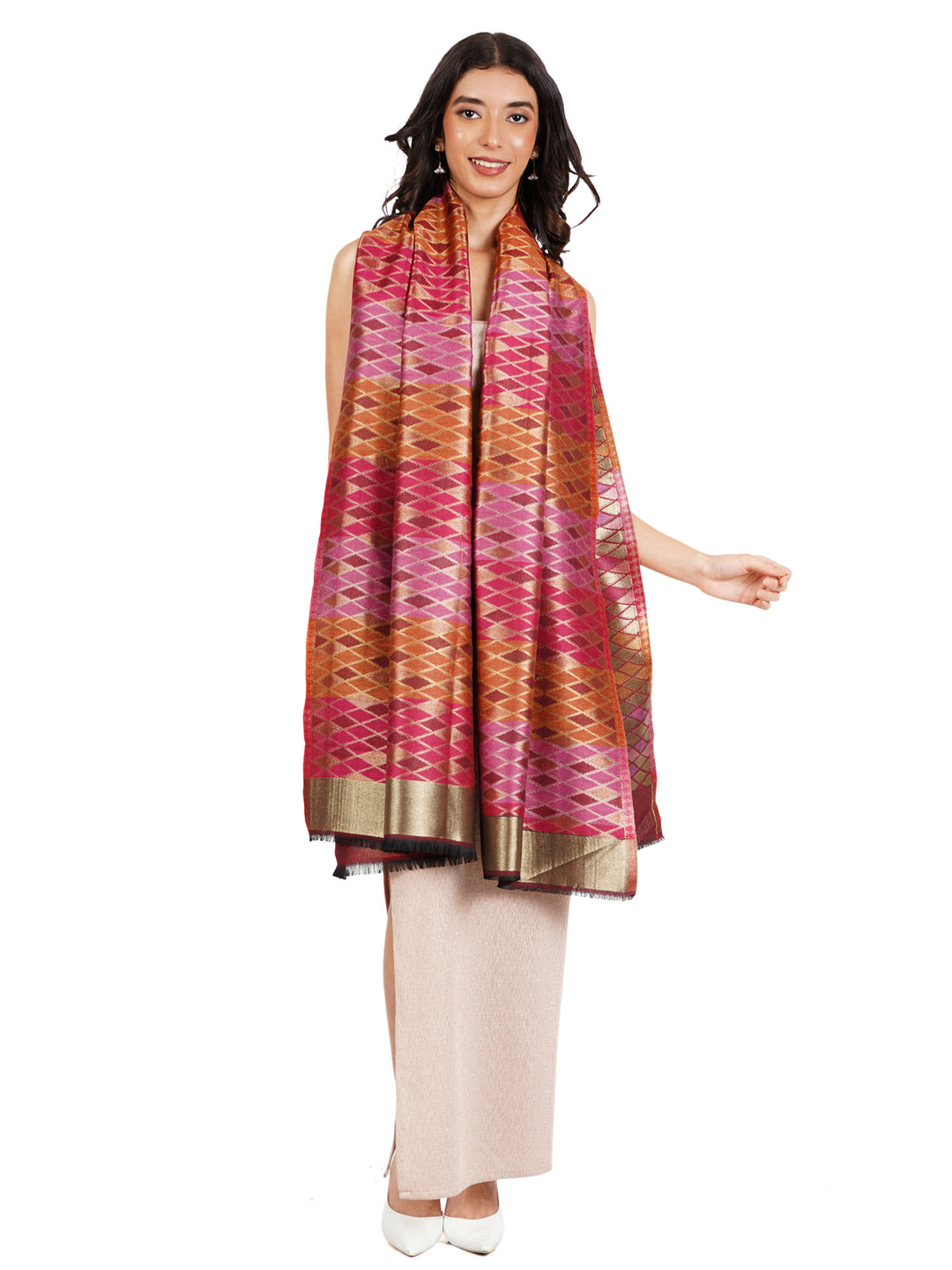 Pink Ikat Zari Mix Wool Stole - 449