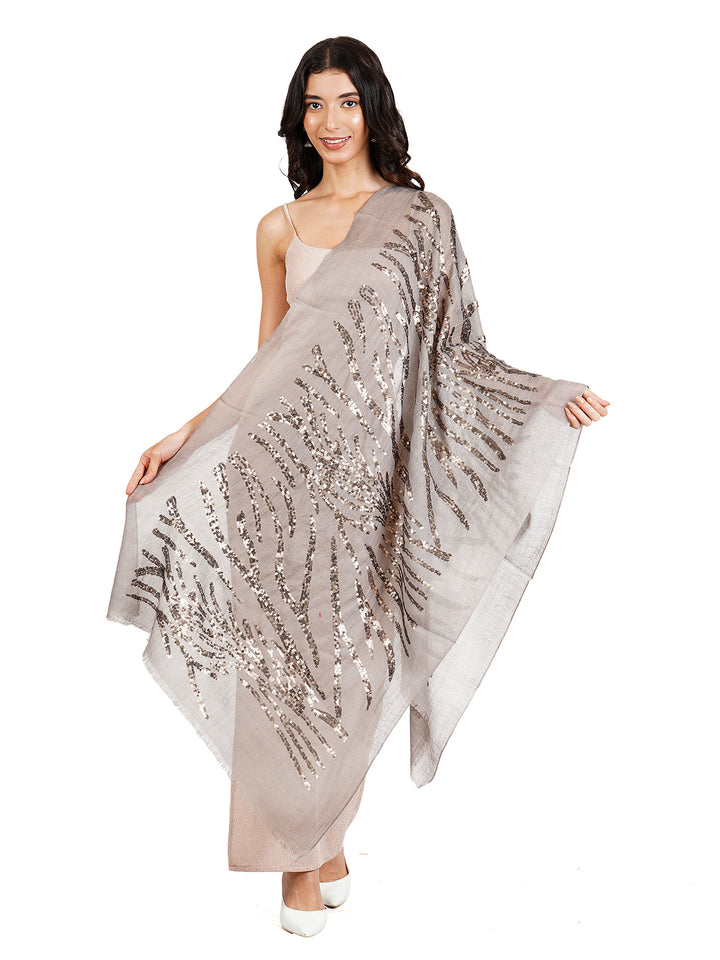 Beige Waves Sequins 100% Fine Wool Stole - 450