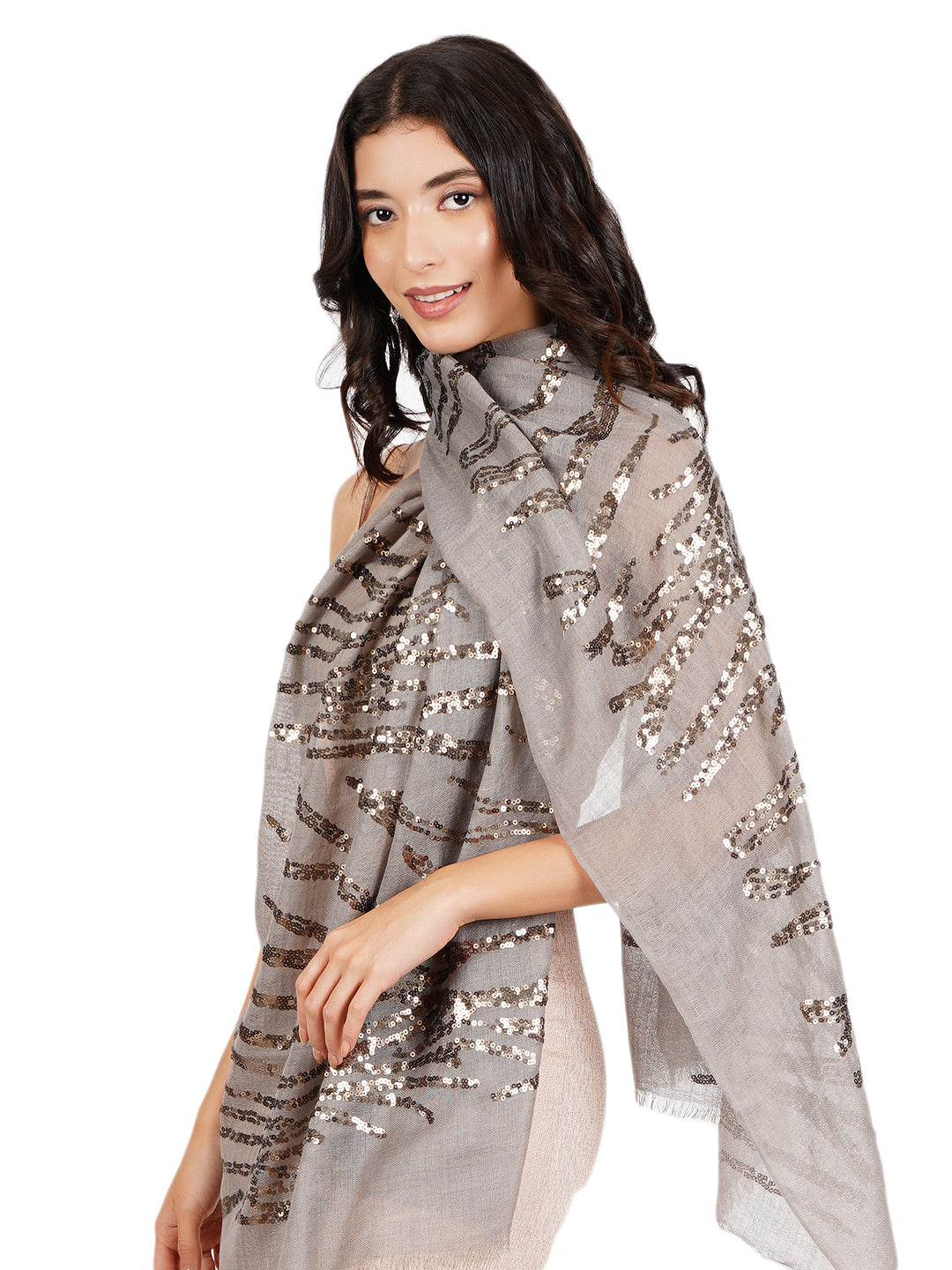 Beige Waves Sequins 100% Fine Wool Stole - 450
