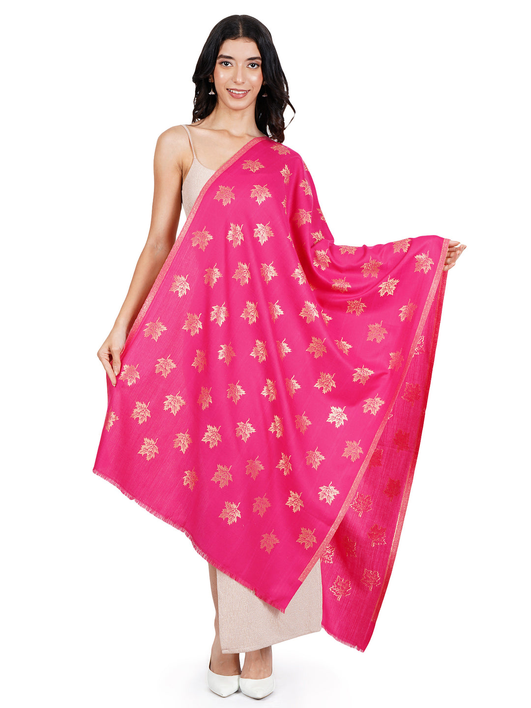 Pink Maple Leaf Modal Wool Stole - 451