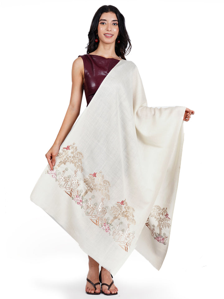 Ivory Deer & Tree Embroidered 100% Fine Wool Stole - 455