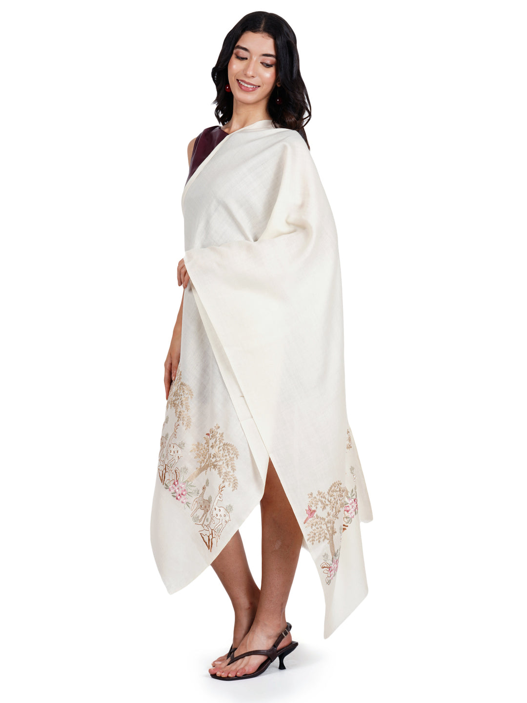 Ivory Deer & Tree Embroidered 100% Fine Wool Stole - 455