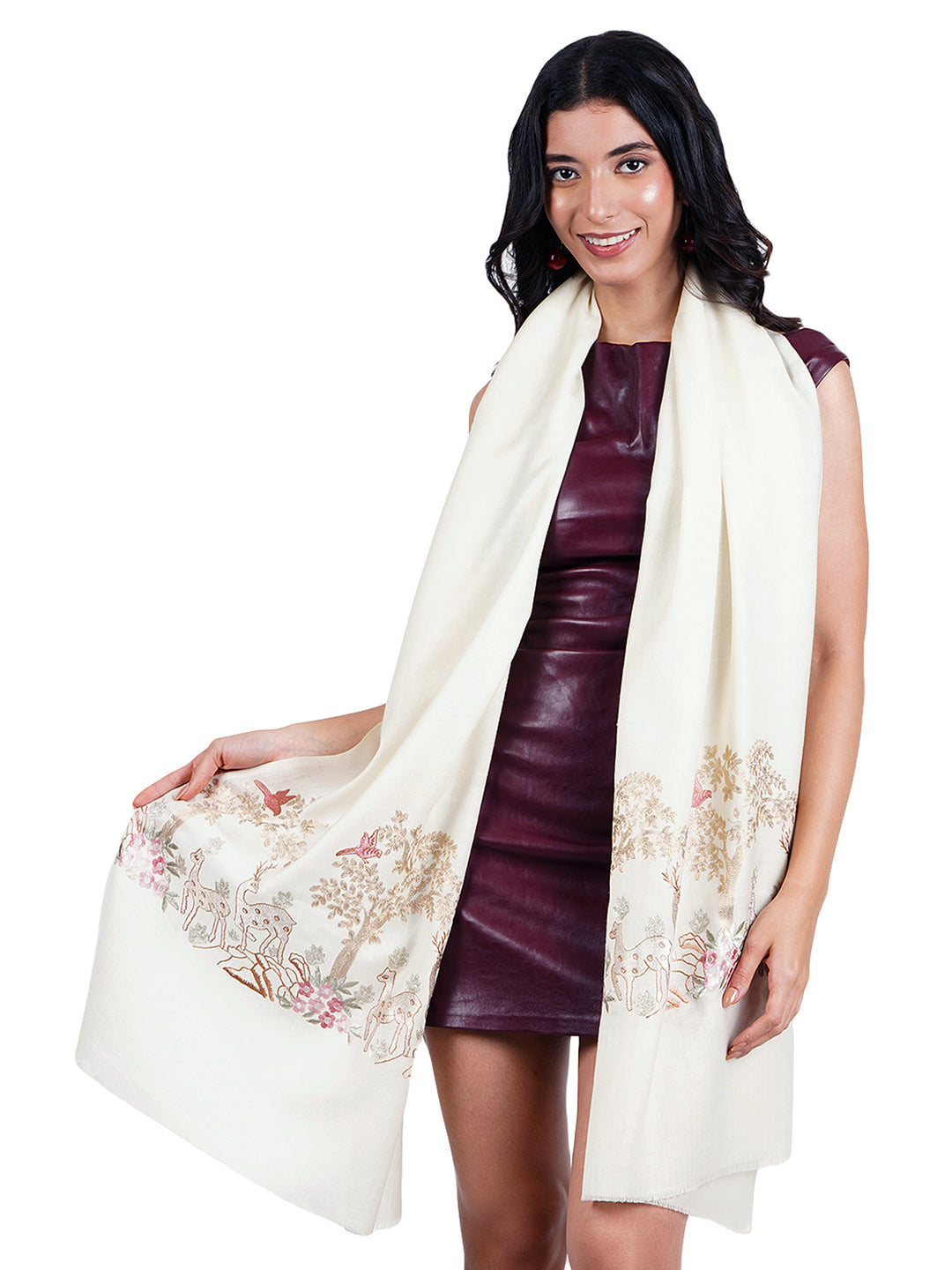 Ivory Deer & Tree Embroidered 100% Fine Wool Stole - 455