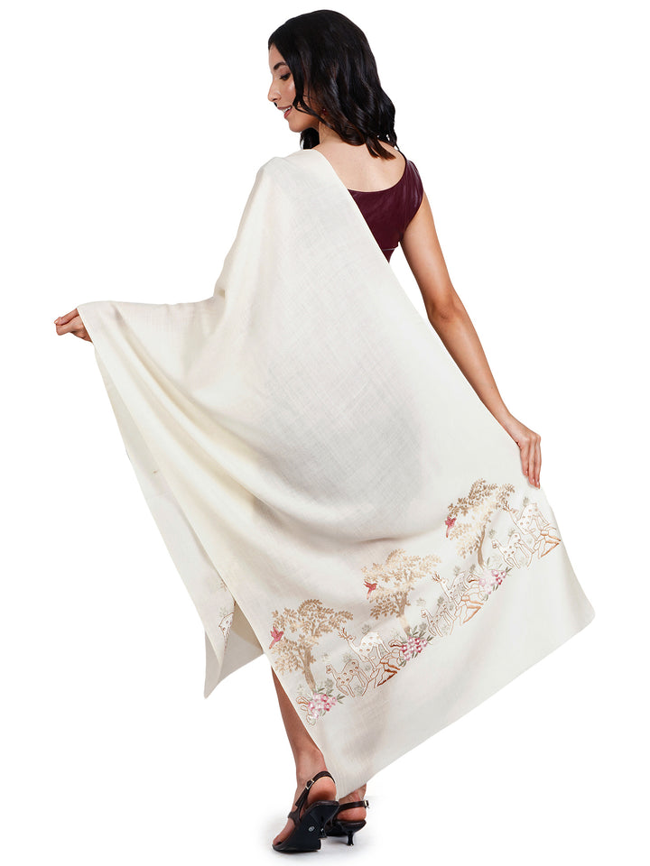 Ivory Deer & Tree Embroidered 100% Fine Wool Stole - 455