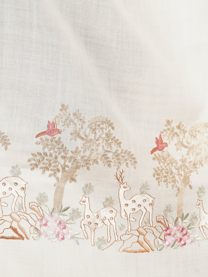 Ivory Deer & Tree Embroidered 100% Fine Wool Stole - 455