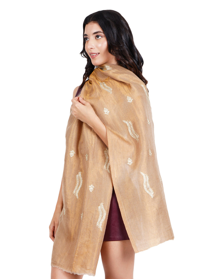 Gold Shimmer Paisley Star Embroidered 100% Fine Wool Stole - 456