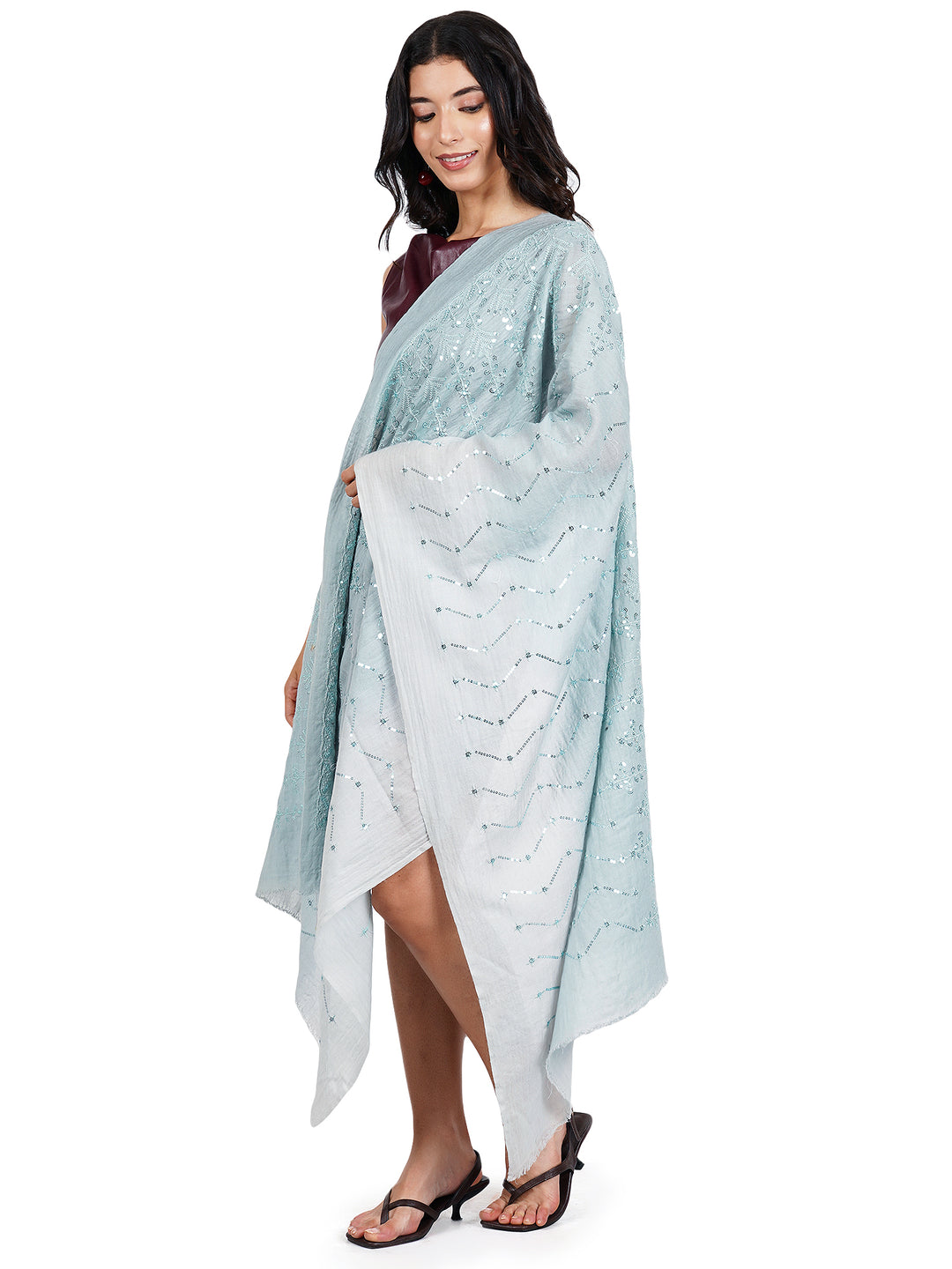 Powder Blue Ombre Sequin 100% Fine Wool Stole - 459