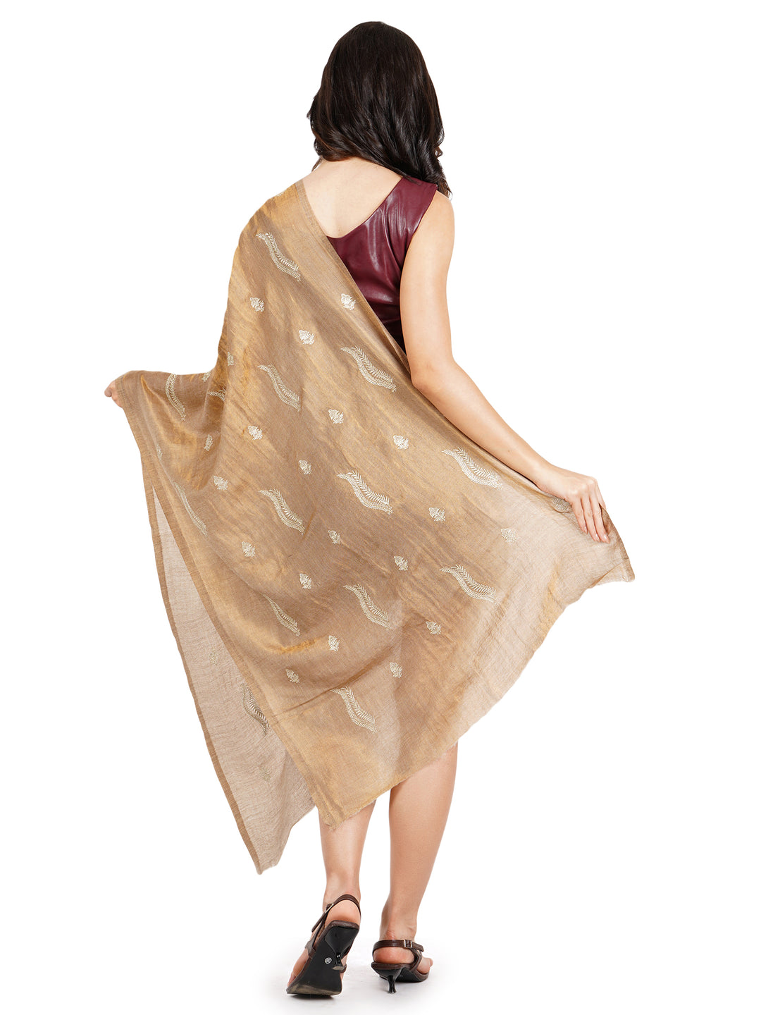 Rust Gold Shimmer Leaf Embroidery 100% Fine Wool Stole - 462