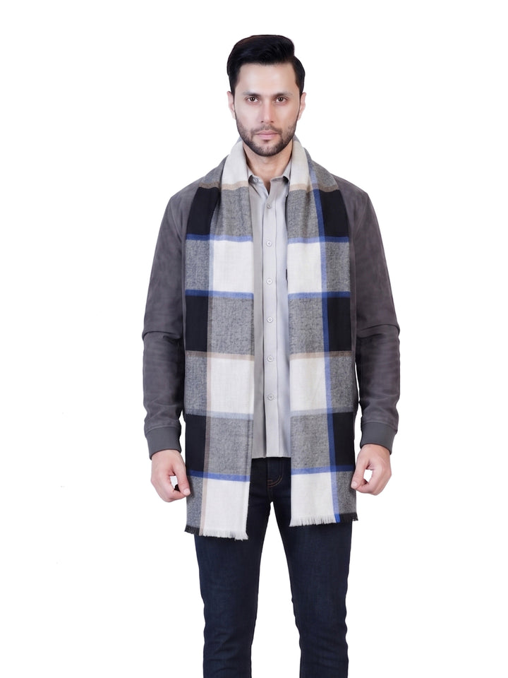 Men's Wool Stole — Black, White & Blue Block Check- 466