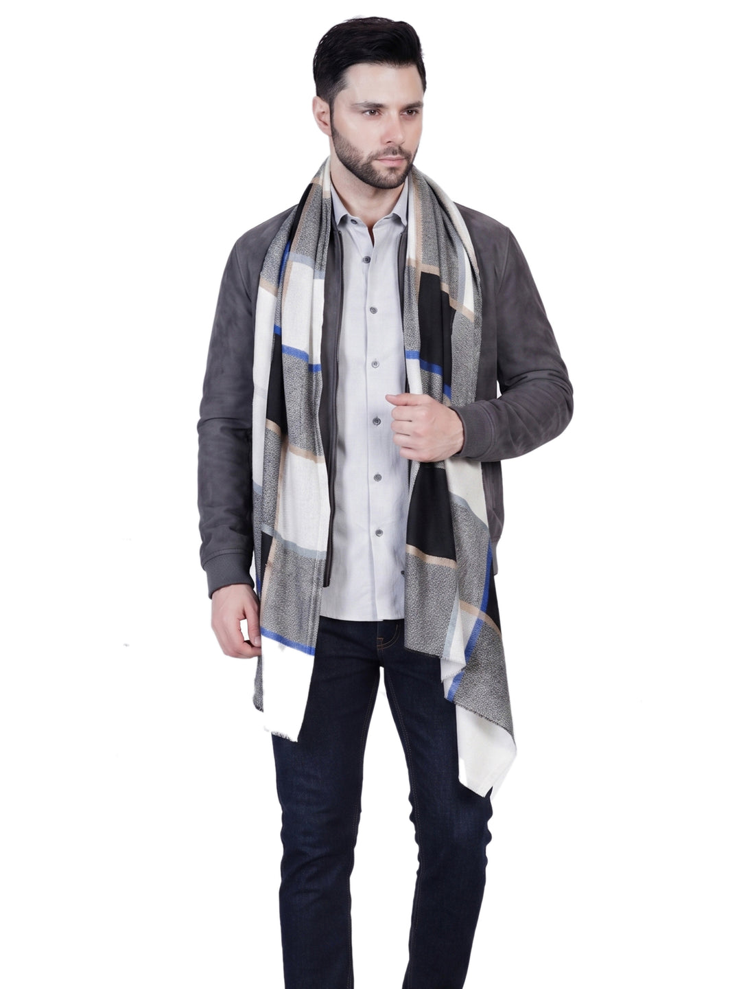 Men's Wool Stole — Black, White & Blue Block Check- 466