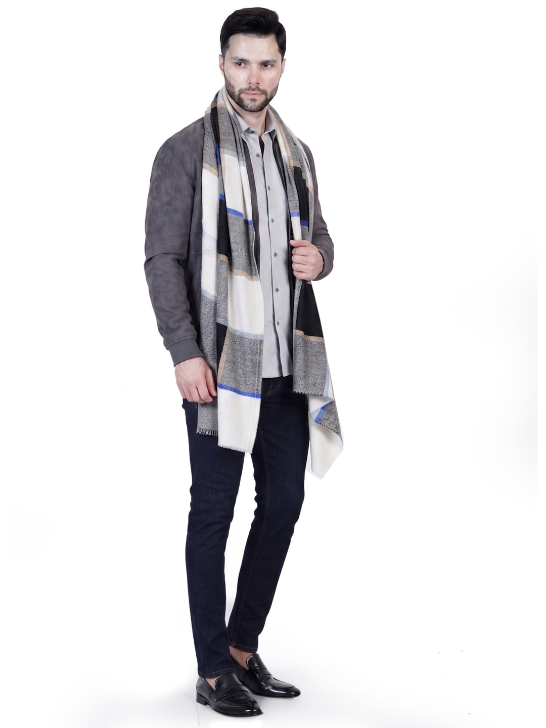 Men's Wool Stole — Black, White & Blue Block Check- 466