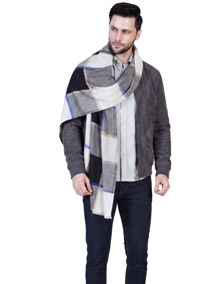 Men's Wool Stole — Black, White & Blue Block Check- 466