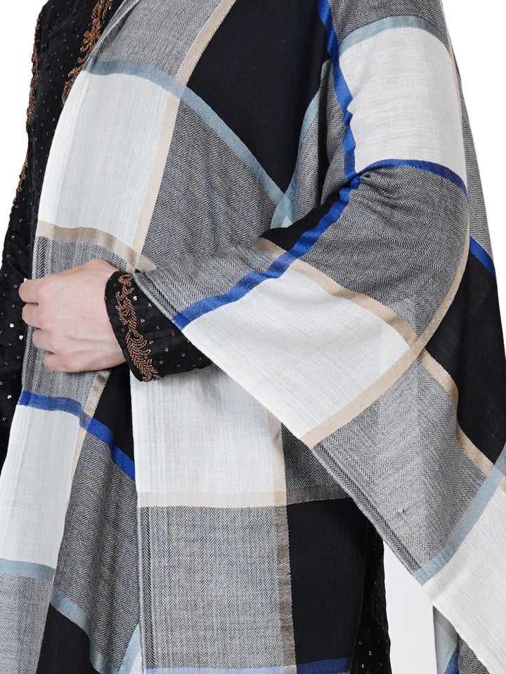 Men's Wool Stole — Black, White & Blue Block Check- 466