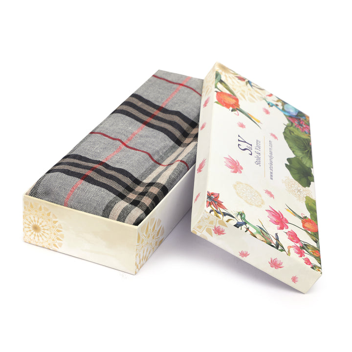 Men's Wool Stole — Grey & Beige Classic Check- 468