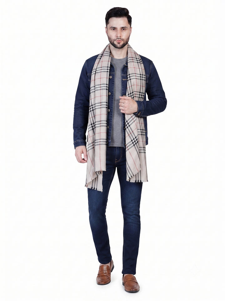 Men's Wool Stole — Beige & Grey Classic Check - 469