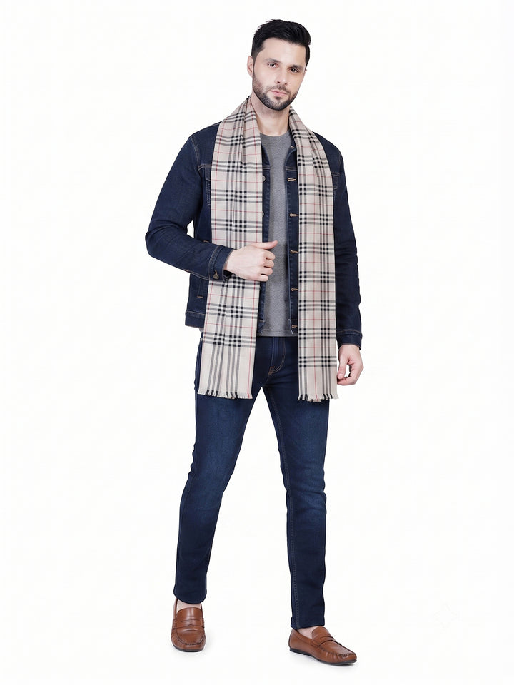 Men's Wool Stole — Beige & Grey Classic Check - 469