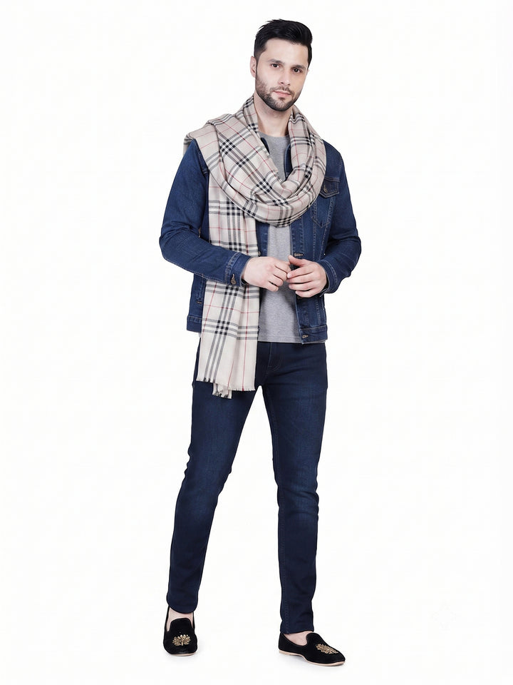 Men's Wool Stole — Beige & Grey Classic Check - 469