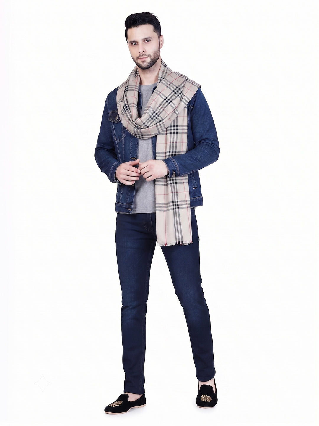 Men's Wool Stole — Beige & Grey Classic Check - 469