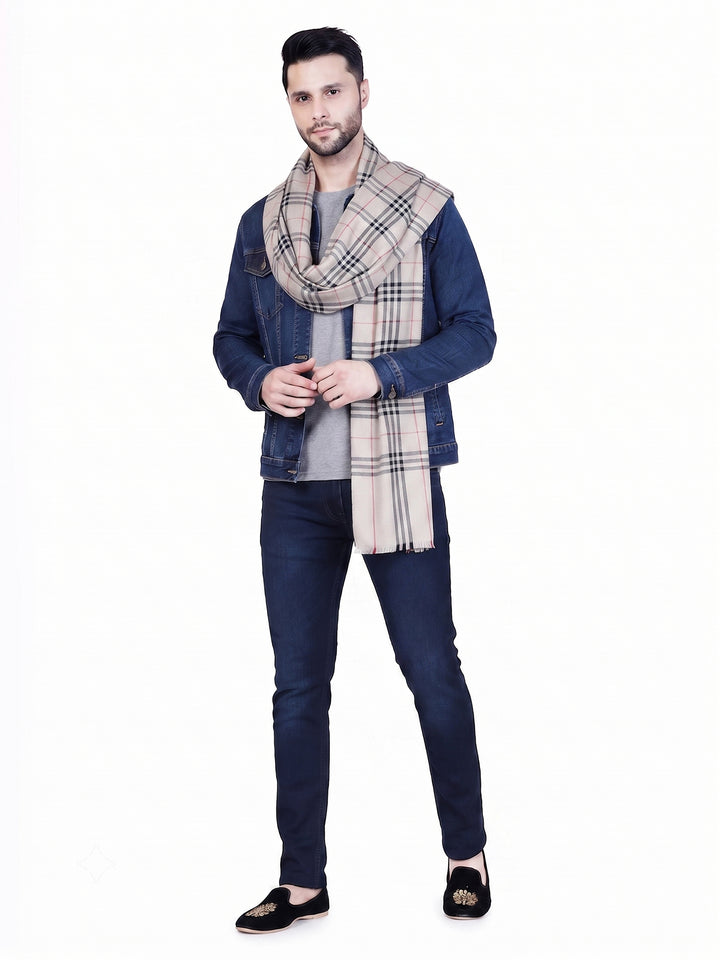 Men's Wool Stole — Beige & Grey Classic Check - 469