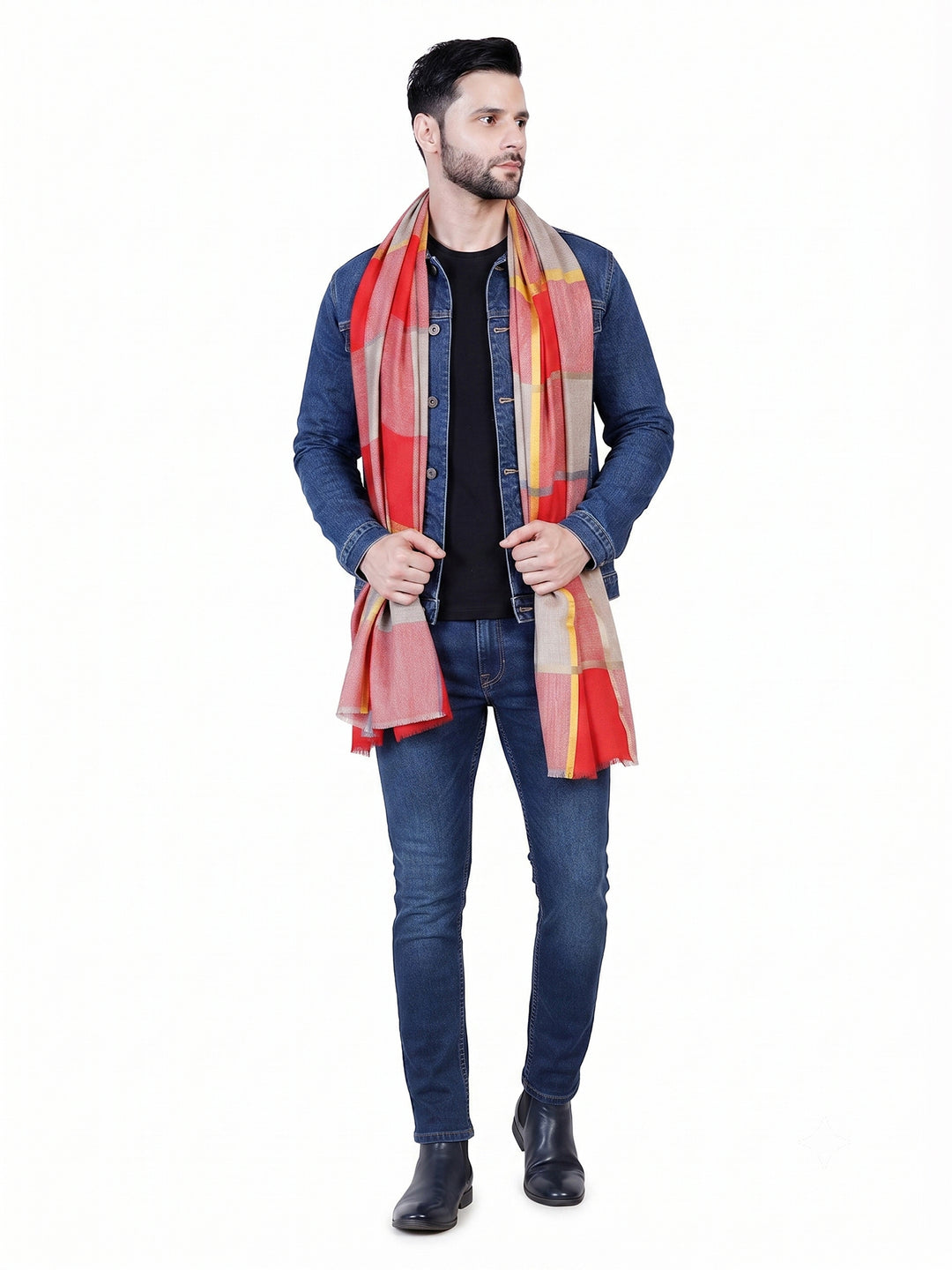 Men's Wool Stole — Red & Orange Check - 470