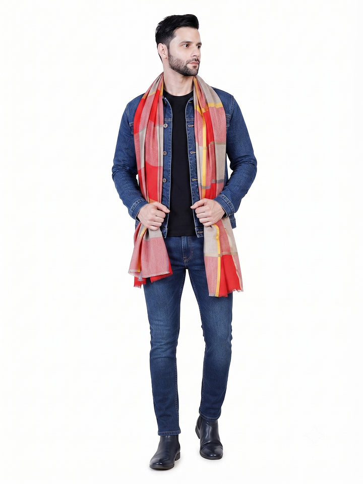Men's Wool Stole — Red & Orange Check - 470