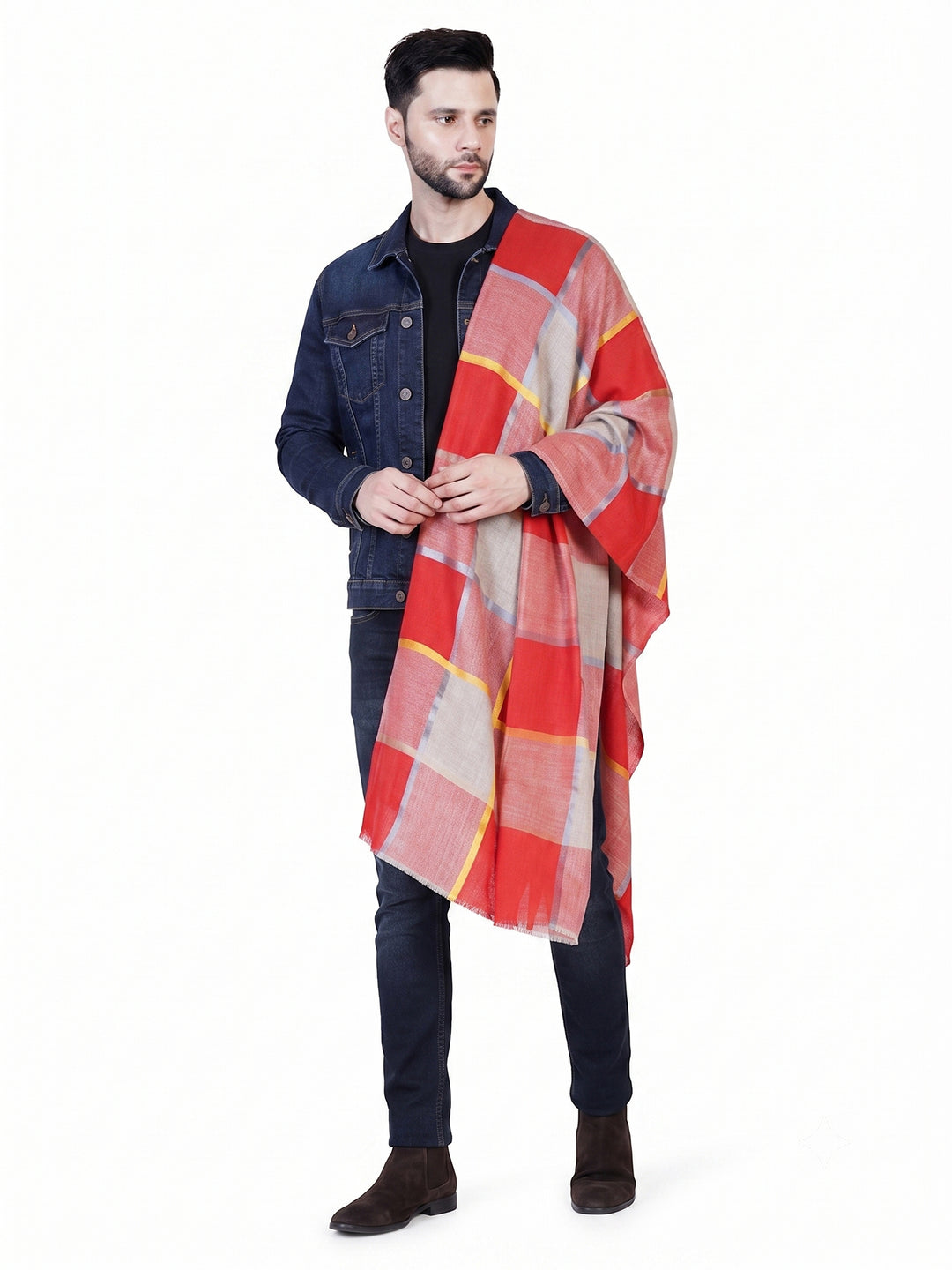 Men's Wool Stole — Red & Orange Check - 470