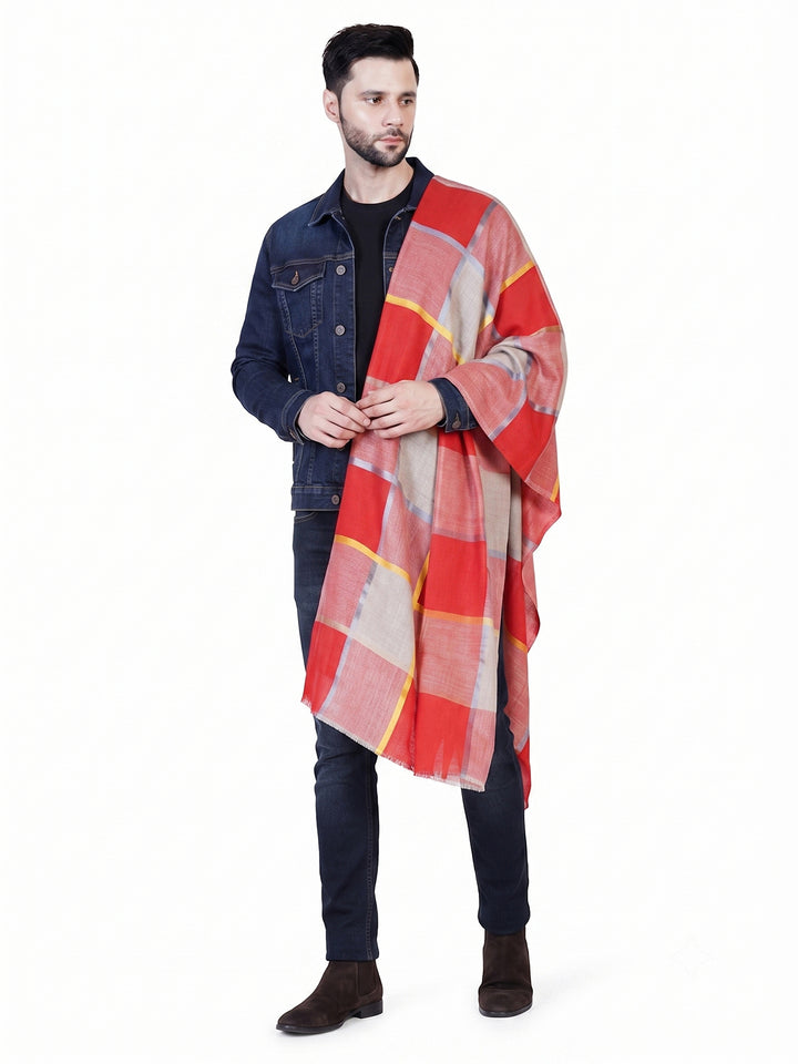 Men's Wool Stole — Red & Orange Check - 470