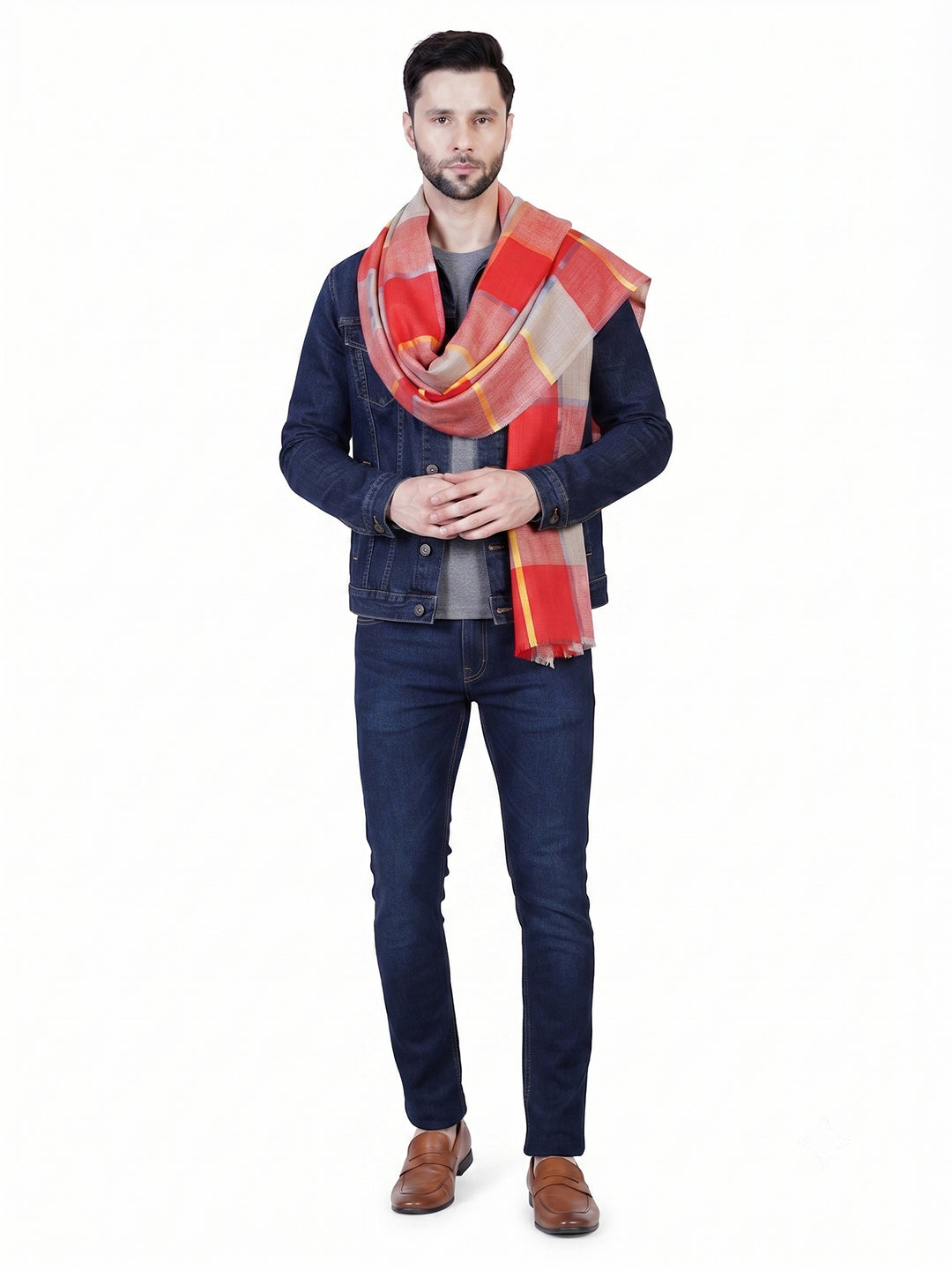 Men's Wool Stole — Red & Orange Check - 470