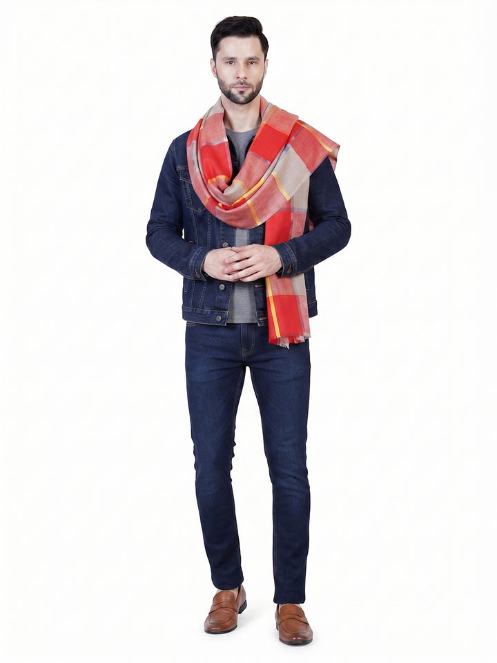 Men's Wool Stole — Red & Orange Check - 470