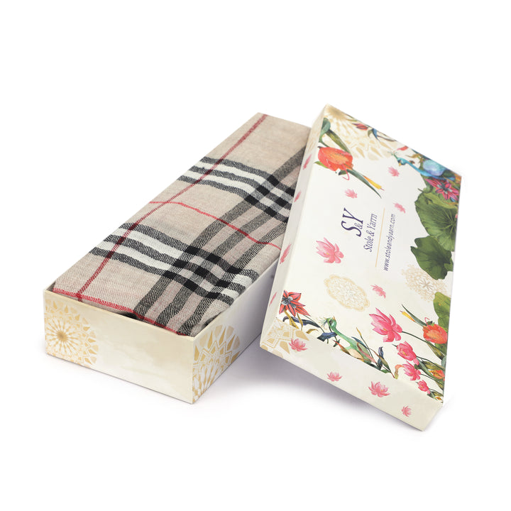 Men's Wool Stole — Beige & Navy Classic Check - 474