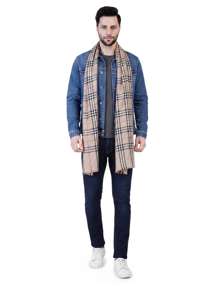 Men's Wool Stole — Beige & Navy Classic Check - 474