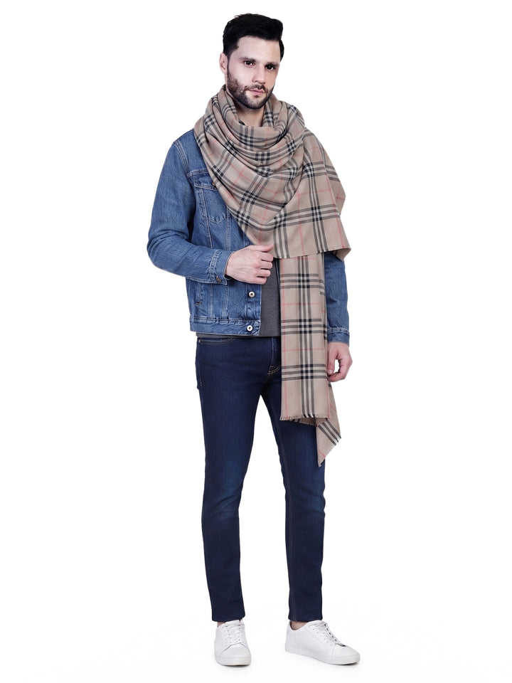Men's Wool Stole — Beige & Navy Classic Check - 474