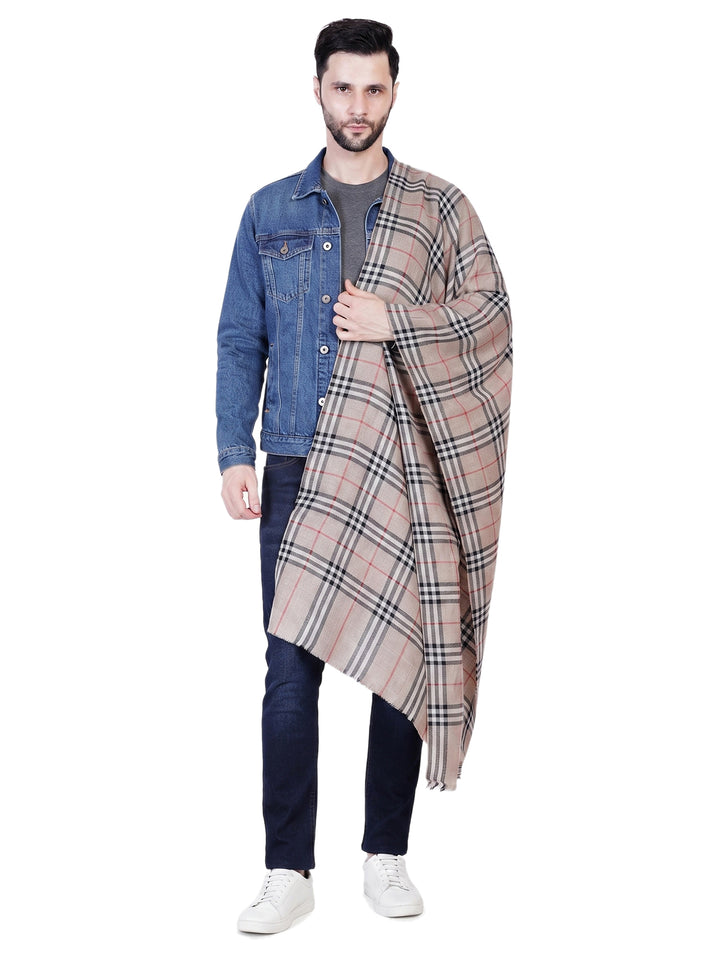 Men's Wool Stole — Beige & Navy Classic Check - 474