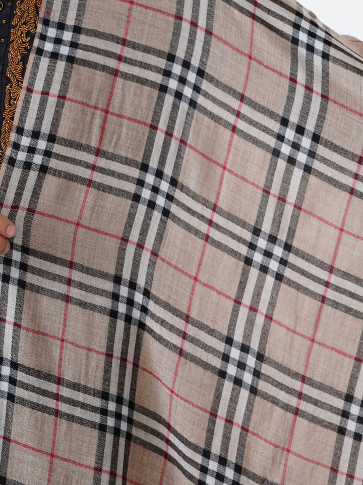 Men's Wool Stole — Beige & Navy Classic Check - 474