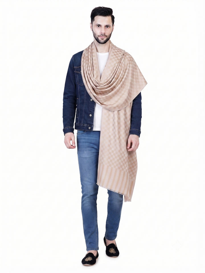 Men's Wool Shawl — Plain Beige (Gold Striped Border) - 476