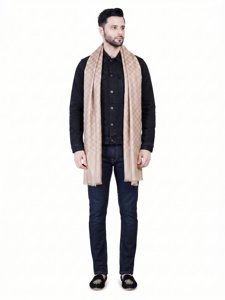 Men's Wool Shawl — Plain Beige (Gold Striped Border) - 476