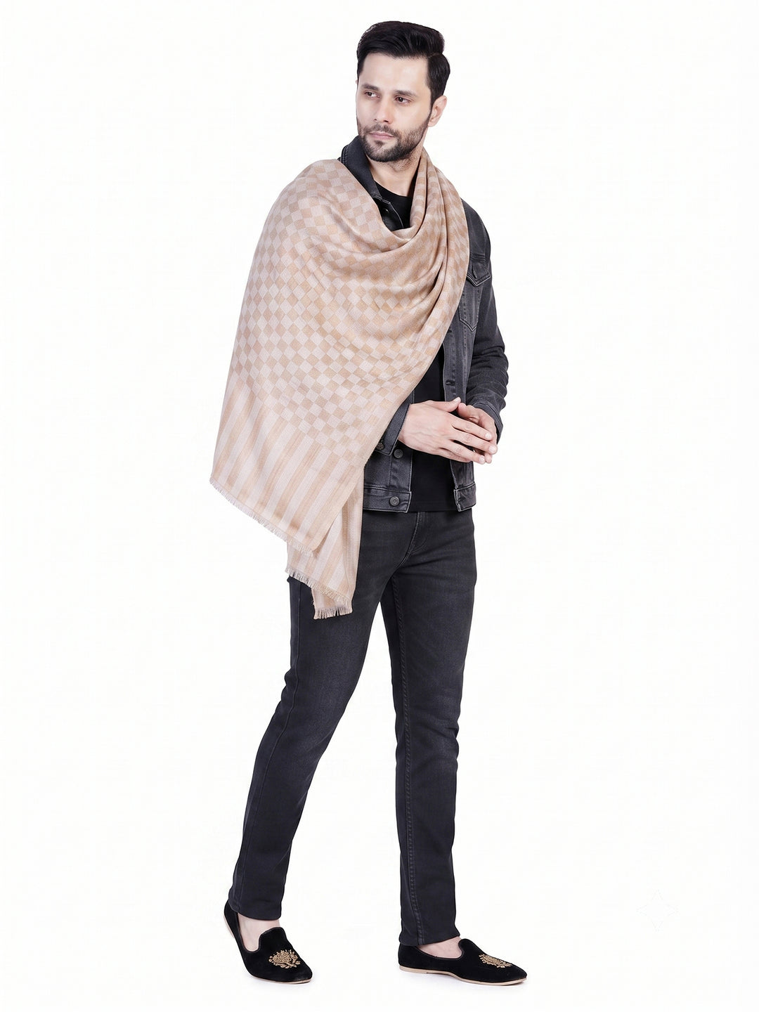 Men's Wool Shawl — Plain Beige (Gold Striped Border) - 476