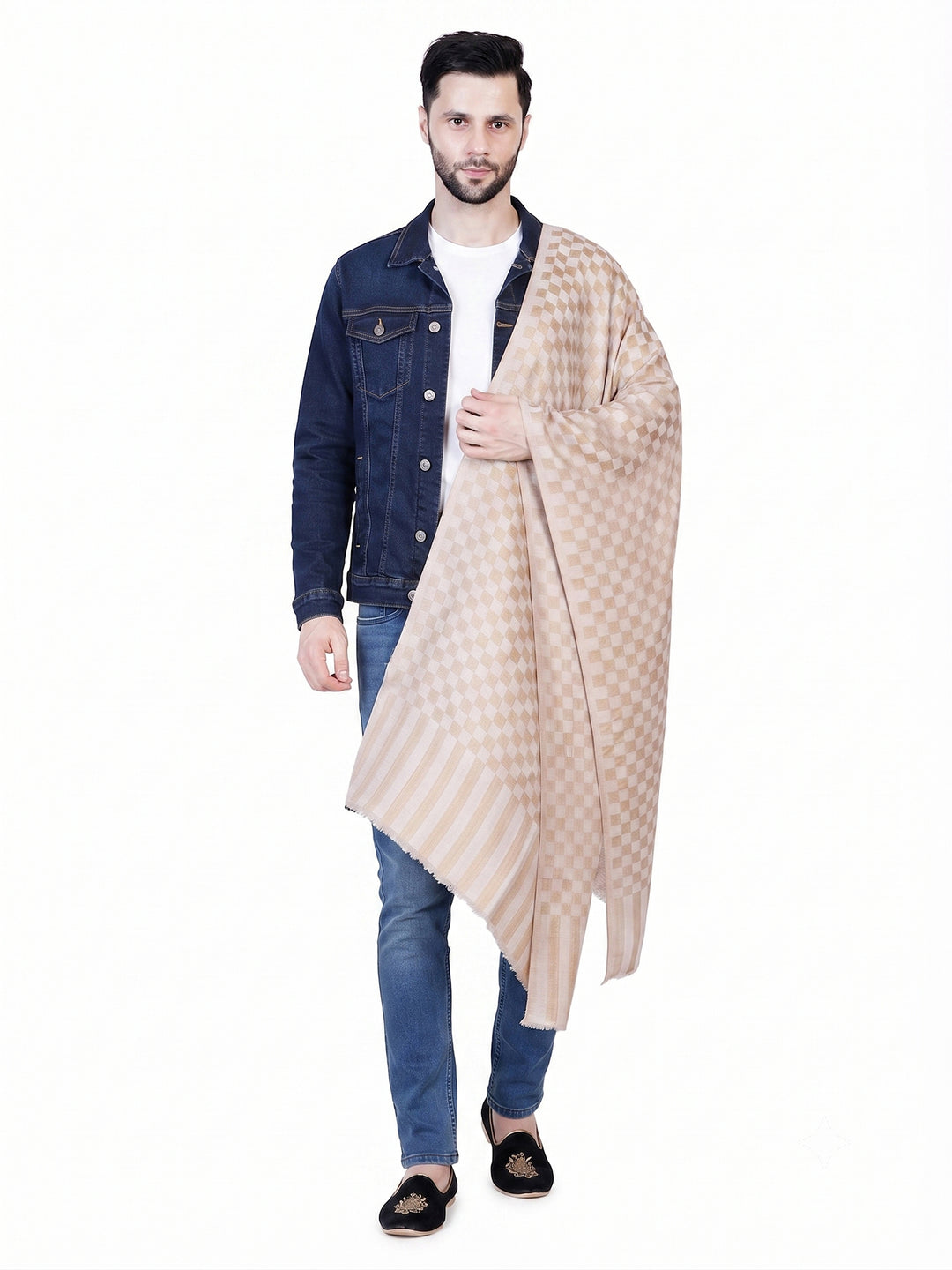 Men's Wool Shawl — Plain Beige (Gold Striped Border) - 476